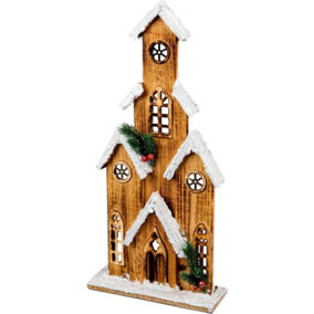 SHATCHI 51cm  Warm White LEDs Wooden Tower House Snow Covered Cottage Village Indoor Christmas Decorations, Wood, Brown