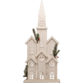 SHATCHI 58cm Warm White LEDs Wooden Church House Snow Covered Cottage Village Indoor Christmas Decorations, Wood