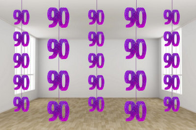 Shatchi 90th Glitz Black And Silver Anniversary Birthday Metallic Hanging String Shiny Foil Wall Decorations Pack Of 6