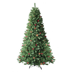 SHATCHI Artificial Christmas Tree Maryland Fir Green Tips Red Berries and Pine Cones Xmas Home Decorations Metal Stand, 7Ft