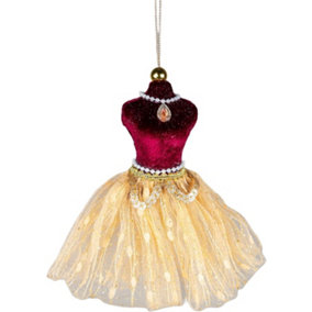 Shatchi Burgundy and Gold Ballerina Costume Figure 15cm - Christmas Tree Hanging Decorations Ornaments Pendant