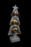 SHATCHI Christmas Decoation Battery Operated Wooden House Grey Tabletop Decorated with Berries, Pines and Small Warm White Bulbs