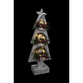 SHATCHI Christmas Decoation Battery Operated Wooden House Grey Tabletop Decorated with Berries, Pines and Small Warm White Bulbs