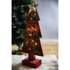 SHATCHI Christmas Home Decoration Battery Operated Red Tree Tabletop Decorated with Berries, Pines and Small Warm White Bulbs