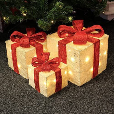 SHATCHI Christmas Parcels Pre-Lit Battery Operated LED Glitter Rattan Xmas Presents Novelty Decorations Set of 3 - Cream