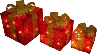 SHATCHI Christmas Parcels Pre-Lit Battery Operated LED Glitter Rattan Xmas Presents Novelty Decorations Set of 3 - Red