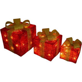 SHATCHI Christmas Parcels Pre-Lit Battery Operated LED Glitter Rattan Xmas Presents Novelty Decorations Set of 3 - Red