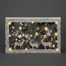 SHATCHI Christmas Pre-Lit Warm White LED Frame Tabletop Decoration with Pinecones and Baubles