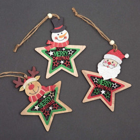 SHATCHI Christmas Tree Ornaments Wooden Aesthetic Hanging Decorations Painted Stars 3Pcs