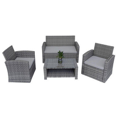Shatchi Compact Garden Sofa Set - 2Seater + Chairs + Coffee Table with 5mm Tempered Glass - Outdoor Furniture