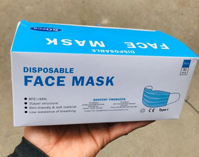 Shatchi disposable facial mask with ear loop, 3 lint, blue, 20pieces
