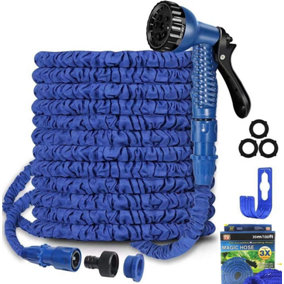 SHATCHI Garden Pipe,Flexible Expanding Magic Hose with 3/4", 1/2" Fittings,8 Functions Spray Nozzle, Blue or Green , 100FT/30m