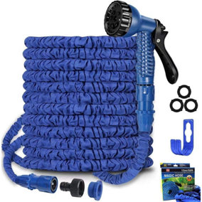 SHATCHI Garden Pipe,Flexible Expanding Magic Hose with 3/4", 1/2" Fittings,8 Functions Spray Nozzle, Blue or Green, 50FT/15m