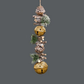 Shatchi Garland with Golden Jingle Bells Wooden Sticks, Berries and Pinecones Christmas Bells Hanging Decorations,50cm