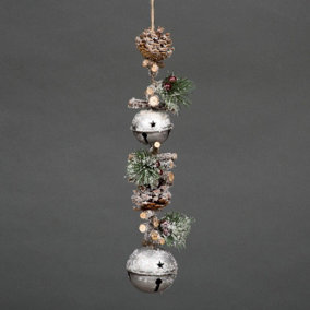Shatchi Garland with Silver Jingle Bells Wooden Sticks, Berries and Pinecones Hanger Sleigh Bells Hanging Decorations,50cm