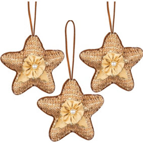 Shatchi Gold Jute star 12cm - Christmas Tree Hanging Decorations Ornaments Themed,3pcs