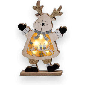 SHATCHI LED Wooden Christmas Reindeer Xmas Home Indoor Table Decorations Ornaments Centrepiece, 27cm, Wood