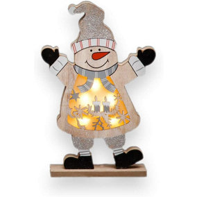 SHATCHI LED Wooden Christmas Snowman Xmas Home Indoor Table Decorations Ornaments Centrepiece, 27cm, Wood