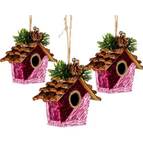 Shatchi Pink Burgundy Birdhouse 10x11cm - Christmas Tree Hanging Decorations Ornaments Fairy Tale Themed