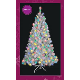 SHATCHI Pre-Lit Artificial Christmas Tree Alaskan Pine , Metal Stand Warm LEDs, White W/Multicolour, 8Ft/240CM