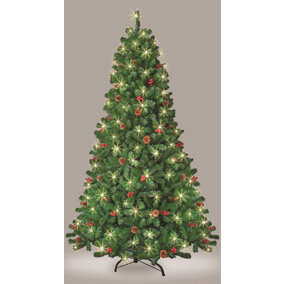 SHATCHI Pre-Lit Artificial Christmas Tree Fir Green Tips Red Berries Warm White LEDs Xmas Home Decorations Metal Stand, 8Ft
