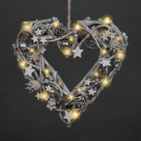 SHATCHI Pre-Lit Brown Wooden Wall Hanging Ornament Christmas Holiday Home décor with 20 Warm LEDs-Star, Wood, White Heart, 33 cm