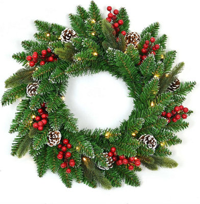 Shatchi Pre-Lit Stockholm 55cm Berries and Pine Cones Wreath with Warm White LEDs Battery Operated
