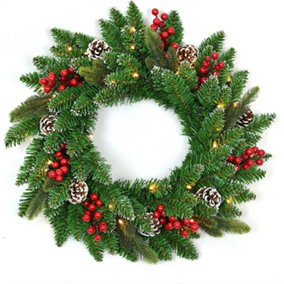 Shatchi Pre-Lit Stockholm 55cm Berries and Pine Cones Wreath with Warm White LEDs Battery Operated