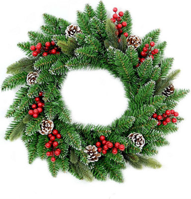 Shatchi Pre-Lit Stockholm 55cm Berries and Pine Cones Wreath with Warm White LEDs Battery Operated