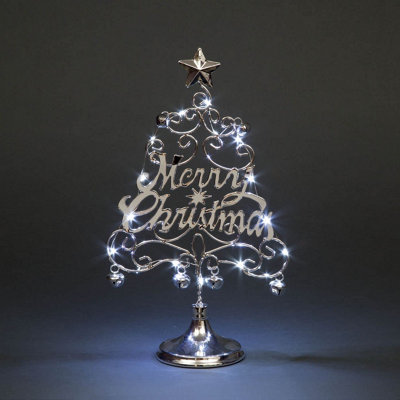 SHATCHI Pre-Lit Table Top Silver Tree Cool Bells Star Festive 14Inch Merry Christmas