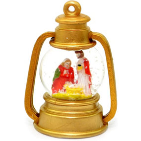 SHATCHI Small Christmas Decoration Snow Globe with Merry, Joseph and Jesus in Gold Lantern