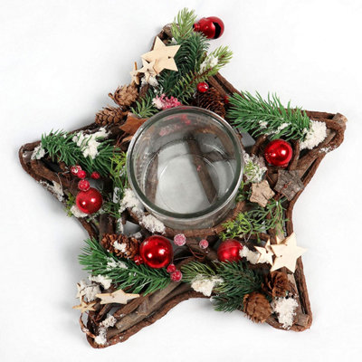 SHATCHI Star Shape Wooden Candle Holder Tabletop Centrepiece Christmas Decorated with Red/Silver Baubles, Berries and Cones