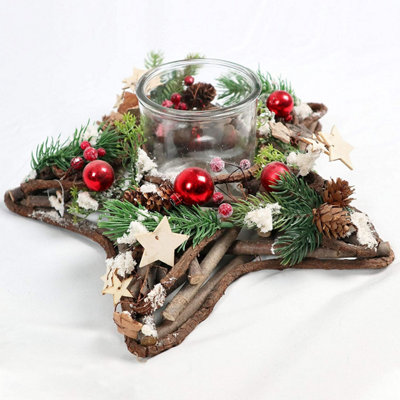 SHATCHI Star Shape Wooden Candle Holder Tabletop Centrepiece Christmas Decorated with Red/Silver Baubles, Berries and Cones