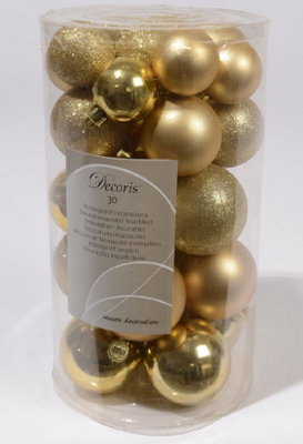 Shatterproof Mixed 30 Christmas Baubles - Gold - Various Sizes