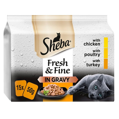 SHEBA Fresh & Fine Wet Cat Food Pouch Poultry in Gravy 15 x 50g (Pack of 3)