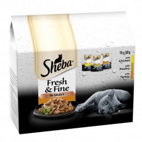 SHEBA Fresh & Fine Wet Cat Food Pouch Poultry in Gravy 15 x 50g (Pack of 3)