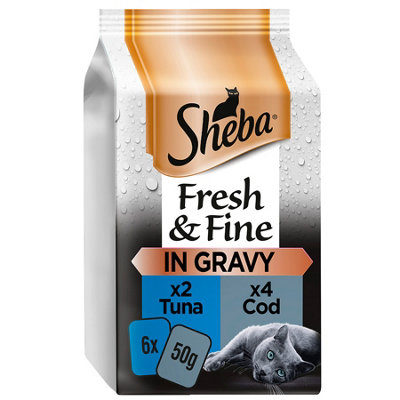 SHEBA Fresh & Fine Wet Cat Food Pouch Tuna & Cod in Gravy 6 x 50g (Pack of 8)