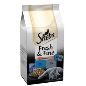 SHEBA Fresh & Fine Wet Cat Food Pouch Tuna & Cod in Gravy 6 x 50g (Pack of 8)