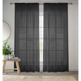 Sheer Black Plain Woven Voile Slot Top Curtain Panel Pair (57x48") 145x122cm