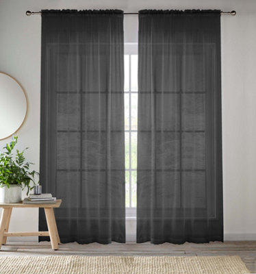 Sheer Black Plain Woven Voile Slot Top Curtain Panel Pair (57x72") 145x183cm