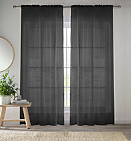 Sheer Black Plain Woven Voile Slot Top Curtain Panel Pair (57x90") 145x229cm