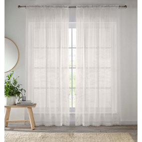 Sheer Cream Plain Woven Voile Slot Top Curtain Panel Pair (57x48") 145x122cm