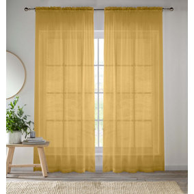 Sheer Gold Plain Woven Voile Slot Top Curtain Panel Pair (57x48") 145x122cm