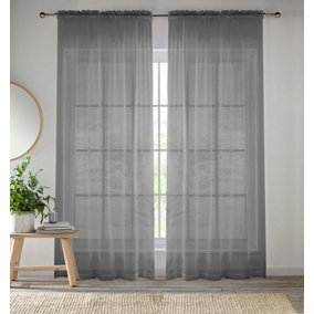 Sheer Grey Plain Woven Voile Slot Top Curtain Panel Pair (57x48") 145x122cm