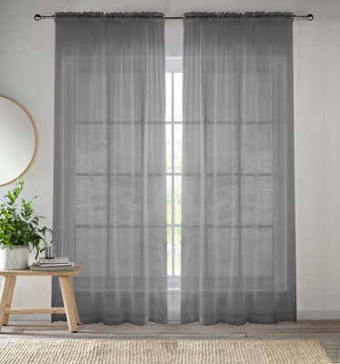 Sheer Grey Plain Woven Voile Slot Top Curtain Panel Pair (57x90") 145x229m