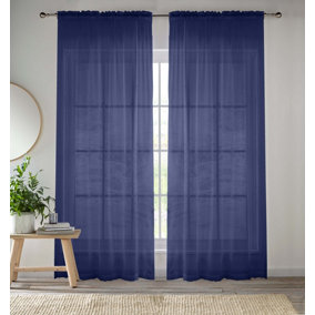 Sheer Navy Plain Woven Voile Slot Top Curtain Panel Pair (57x48") 145x122cm