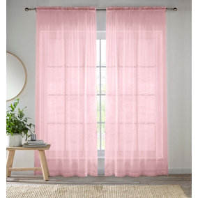 Sheer Pink Plain Woven Voile Slot Top Curtain Panel Pair (57x72") 145x183cm