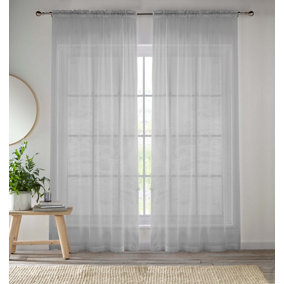 Sheer Silver Plain Woven Voile Slot Top Curtain Panel Pair (57x48") 145x122cm