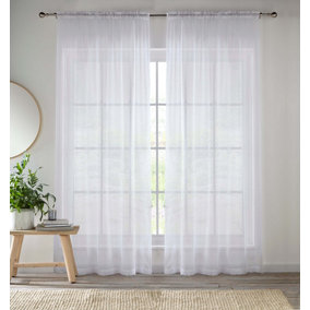 Sheer White Plain Woven Voile Slot Top Curtain Panel Pair (57x108") 145x274cm
