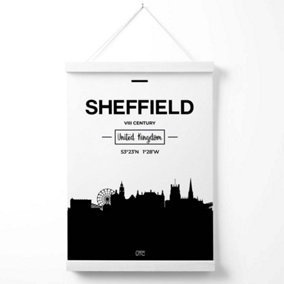 Sheffield Black and White City Skyline Poster with Hanger / 33cm / White